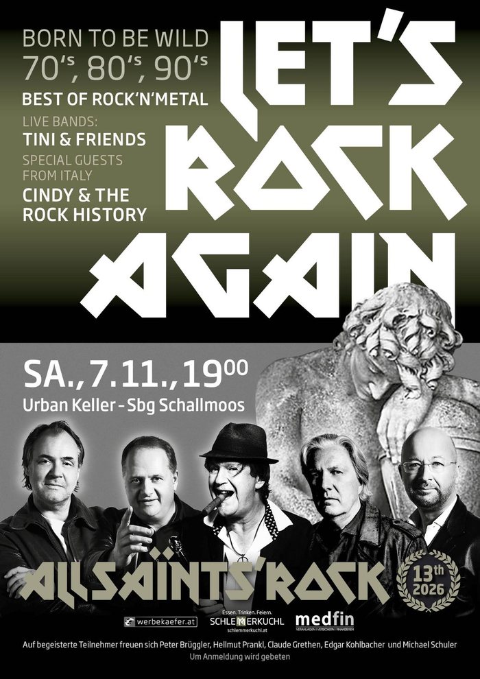 Plakat All Saints Rock 2026 – Let's Rock Again: Samstag, 7. November, 19 Uhr, Urban Keller Salzburg-Schallmoos
